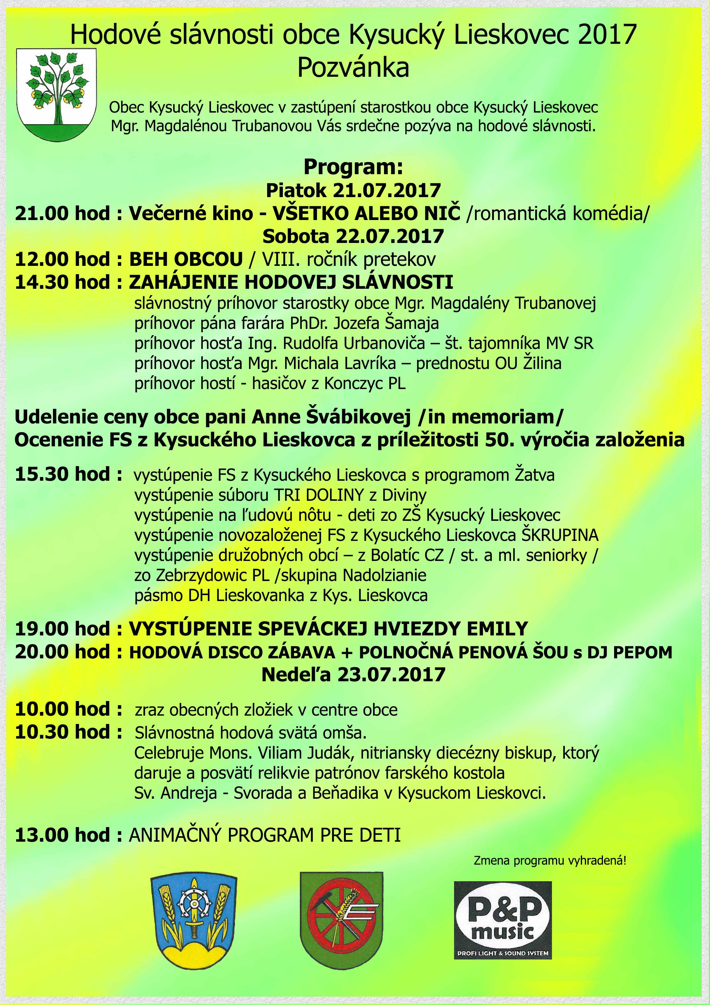 Hodové slávnosti 2017 Kysucký Lieskovec - program