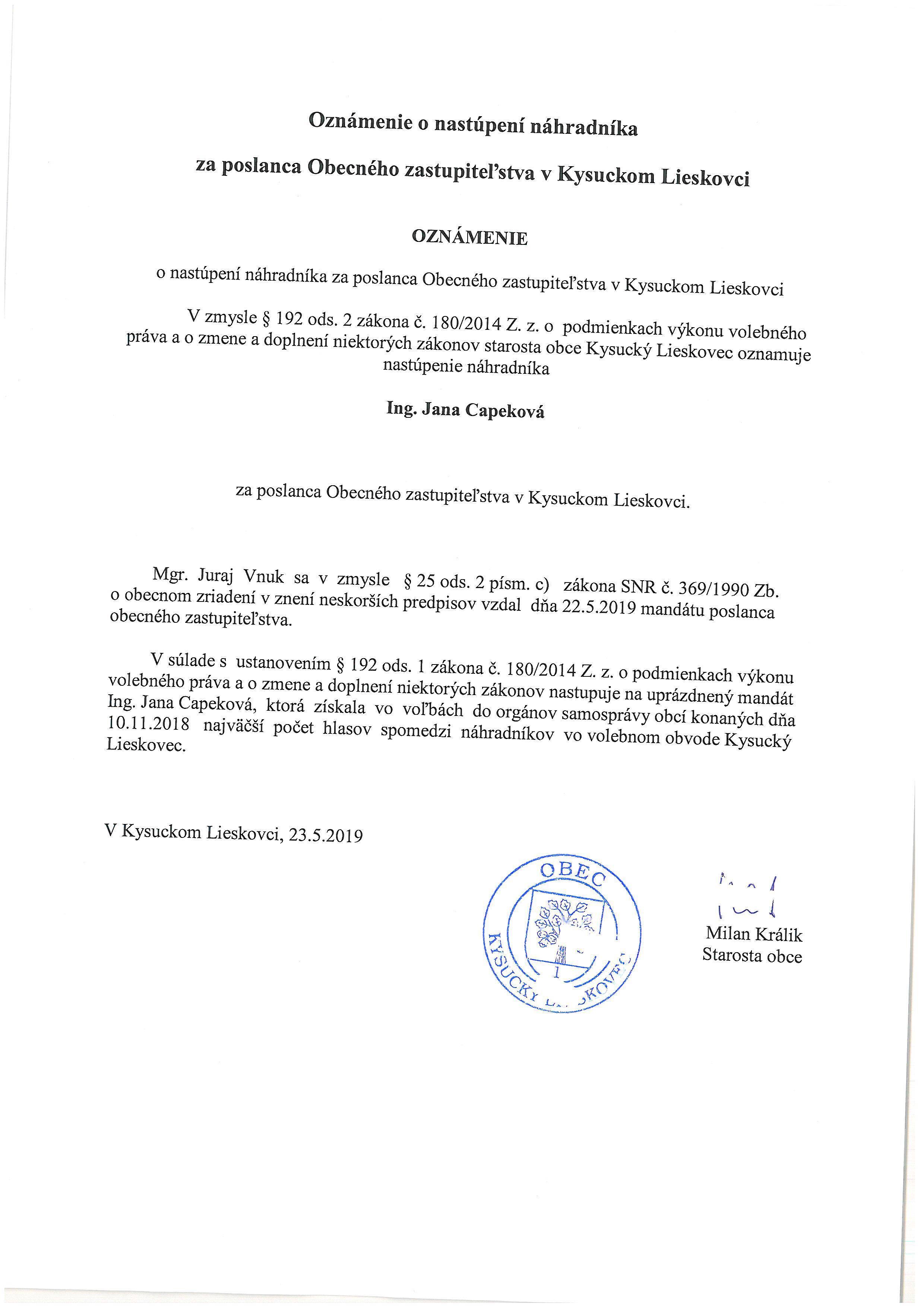 Oznámenie o nastúpení náhradníka za poslanca Obecného zastupiteľstva v Kysuckom Lieskovci