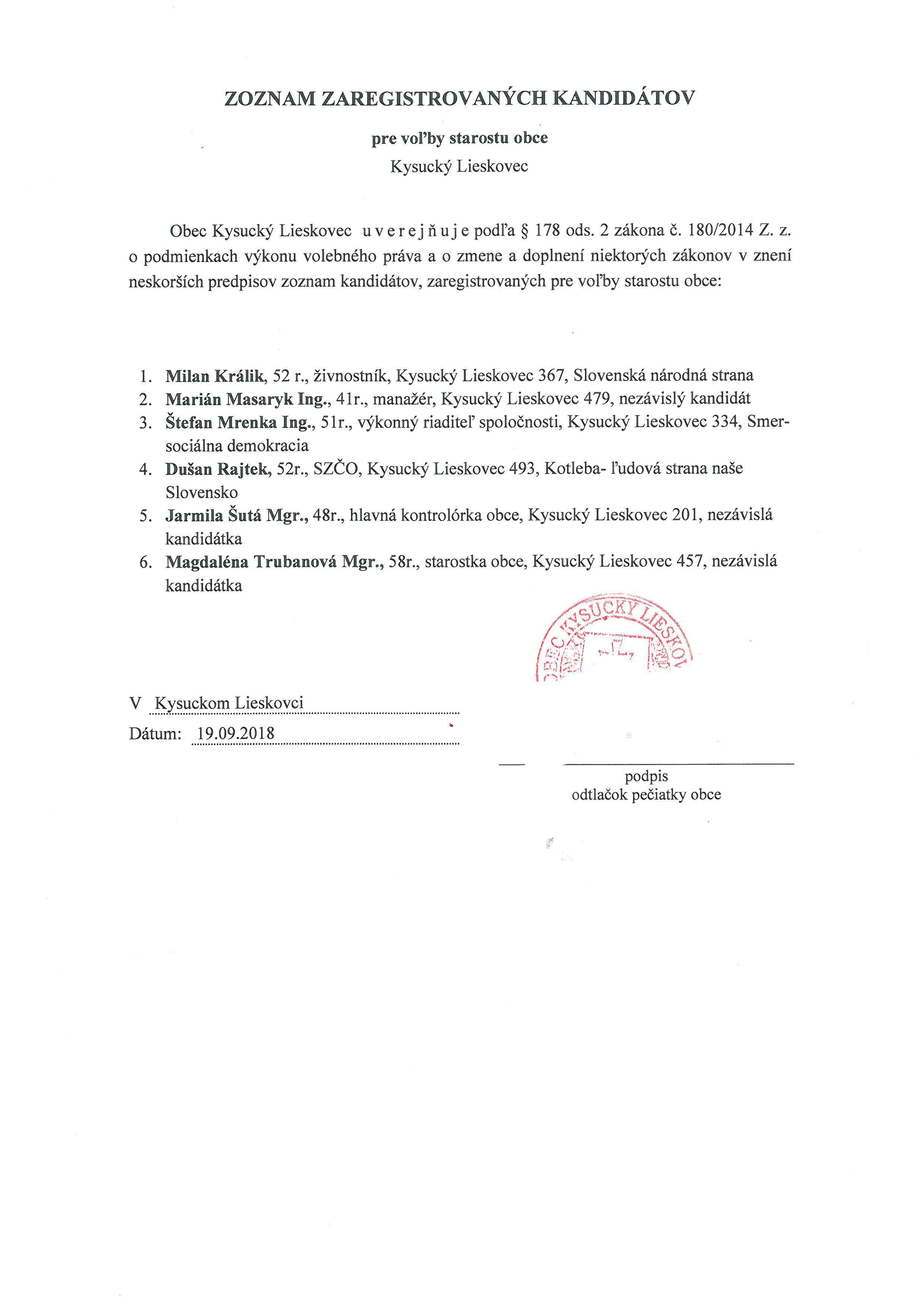 Zoznam zaregistrovaných kandidátov pre voľby starostu obce Kys.Lieskovec - platný po revidovaní miestnou volebnou komisiou obce Kysucký Lieskovec  - starosta