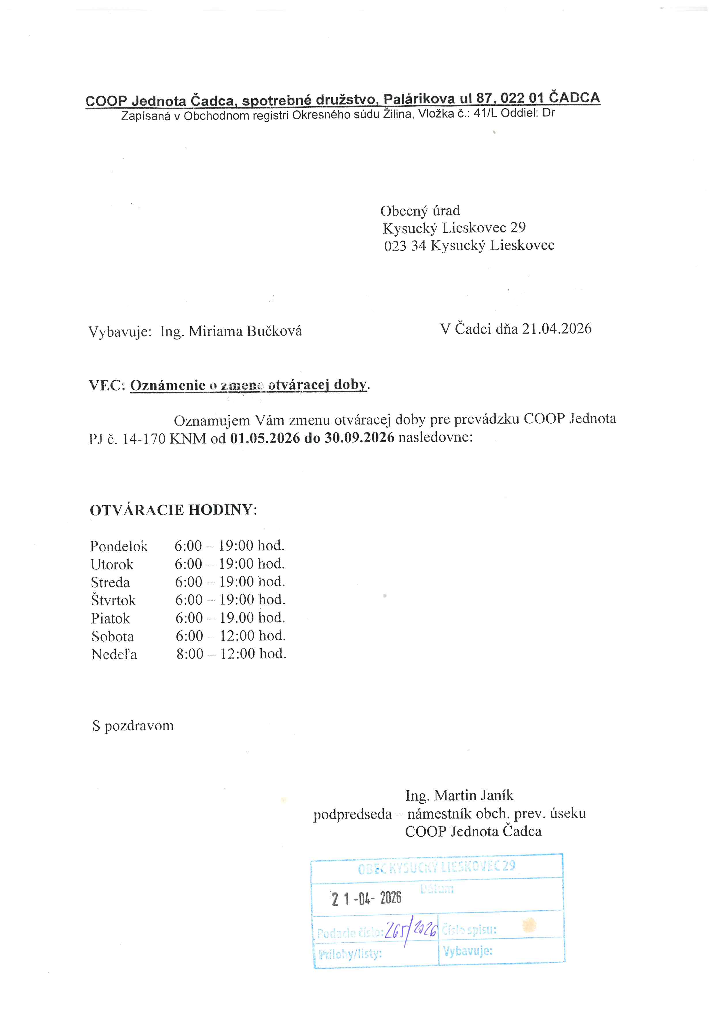 Oznámenie o zmene otváracej doby COOP Jednota